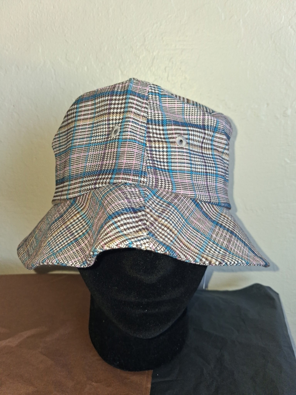 Plaid Bucket Hat in Blue, Pink & Black - Women's Fashion Hat